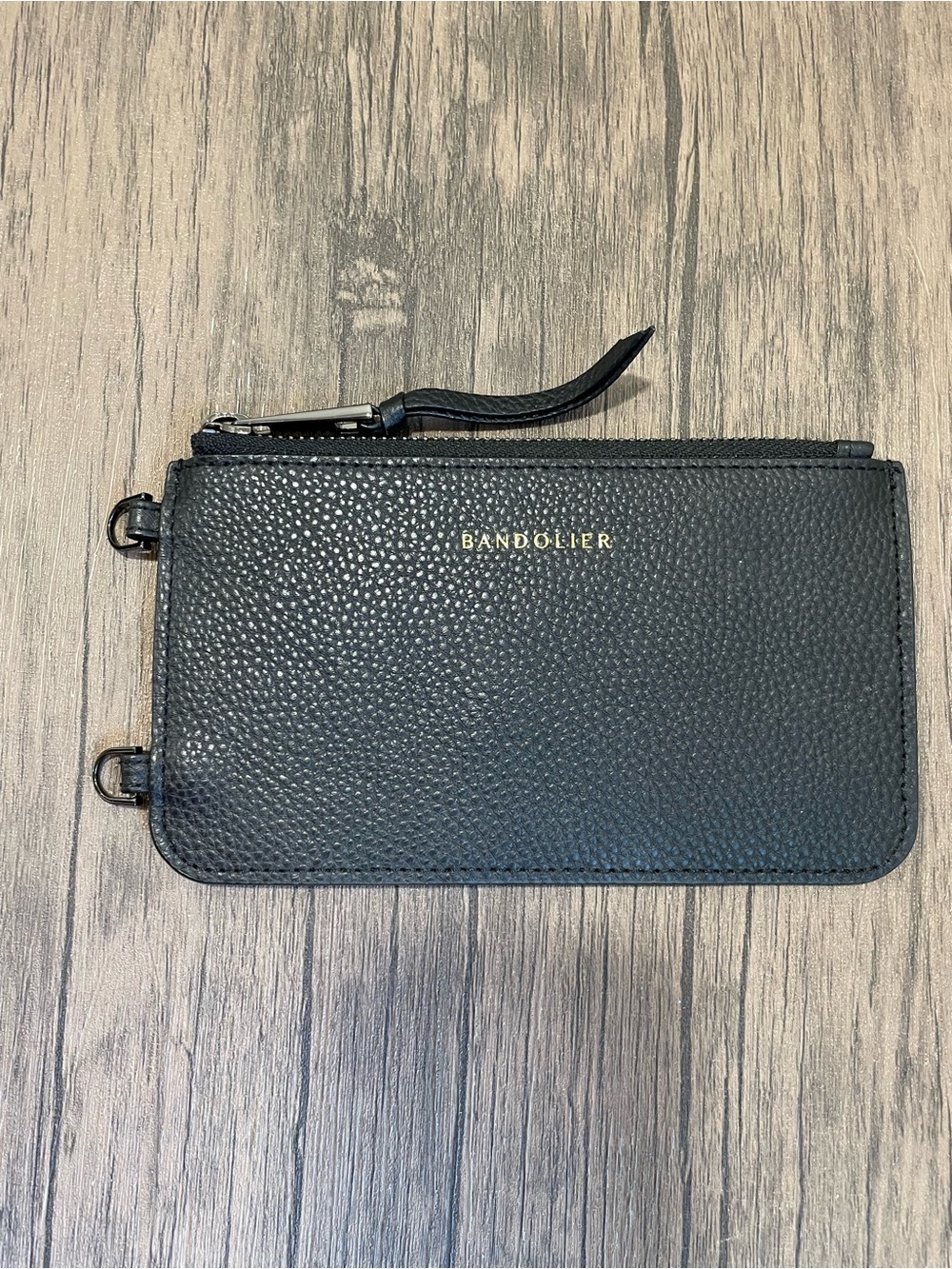Bandolier Black Pebbled Leather Zip Phone Wallet with Wristlet pewter hardware - Picture 2 of 4